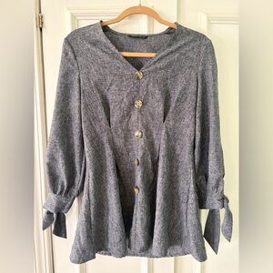 Small v-neck top Shein button-front 3/4 length sleeves tie-cuff details